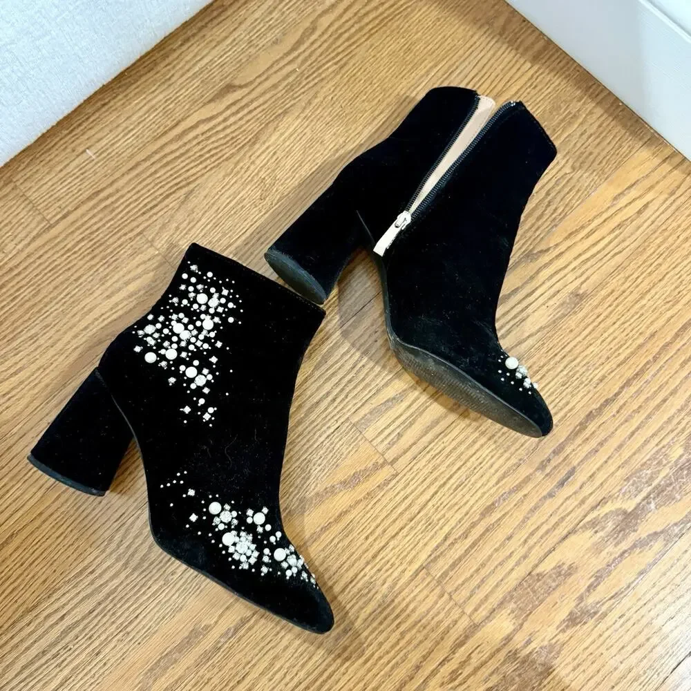 Zara Velvet Embellished Pearl Rhinestone Quiet Luxury Zip Up Ankle Bootie EU 38